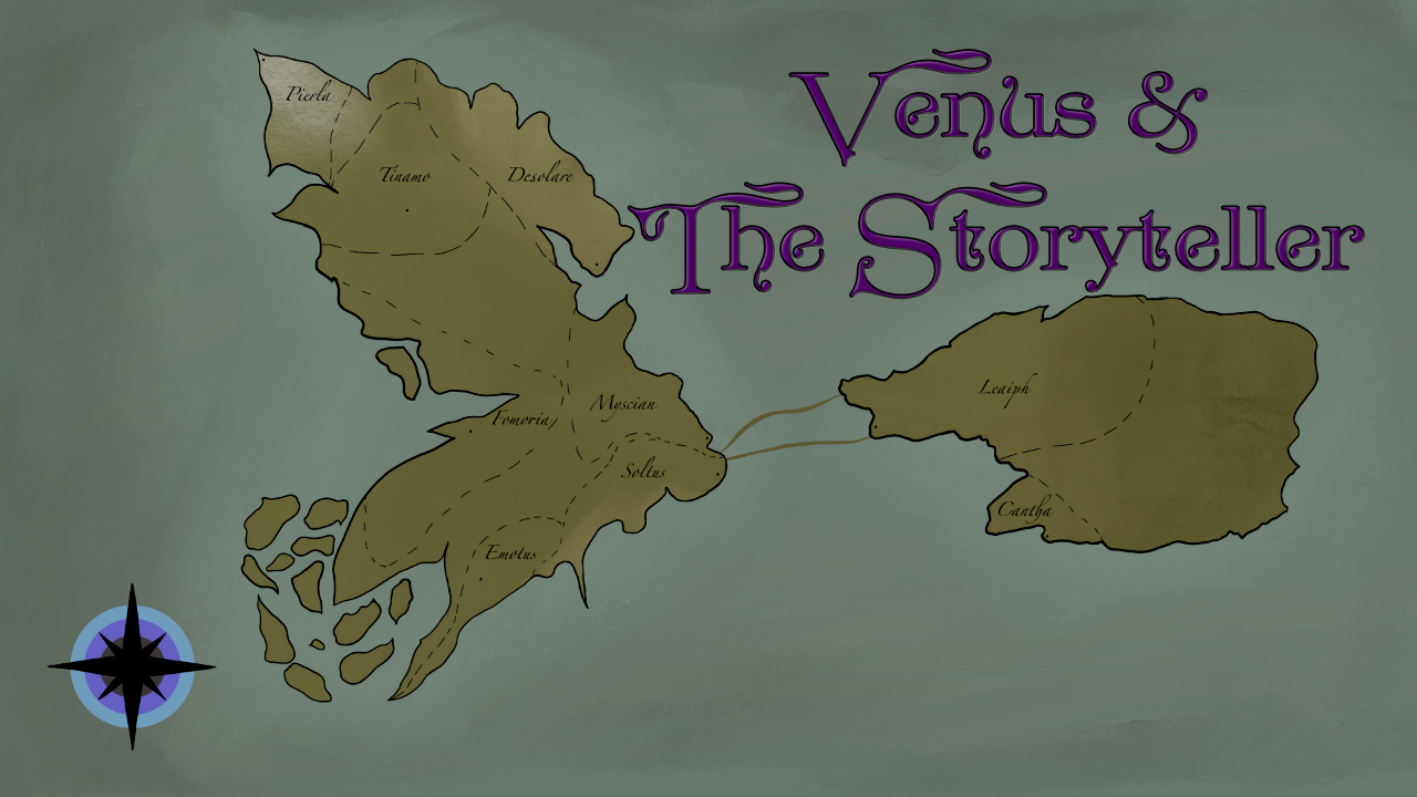 Cover for the first session of Anthe, "Venus & The Storyteller". A map details two continents, one on the left side of the image is larger than the one on the right. They are connected by a land bridge that goes across the ocean. Drawn by Blake.