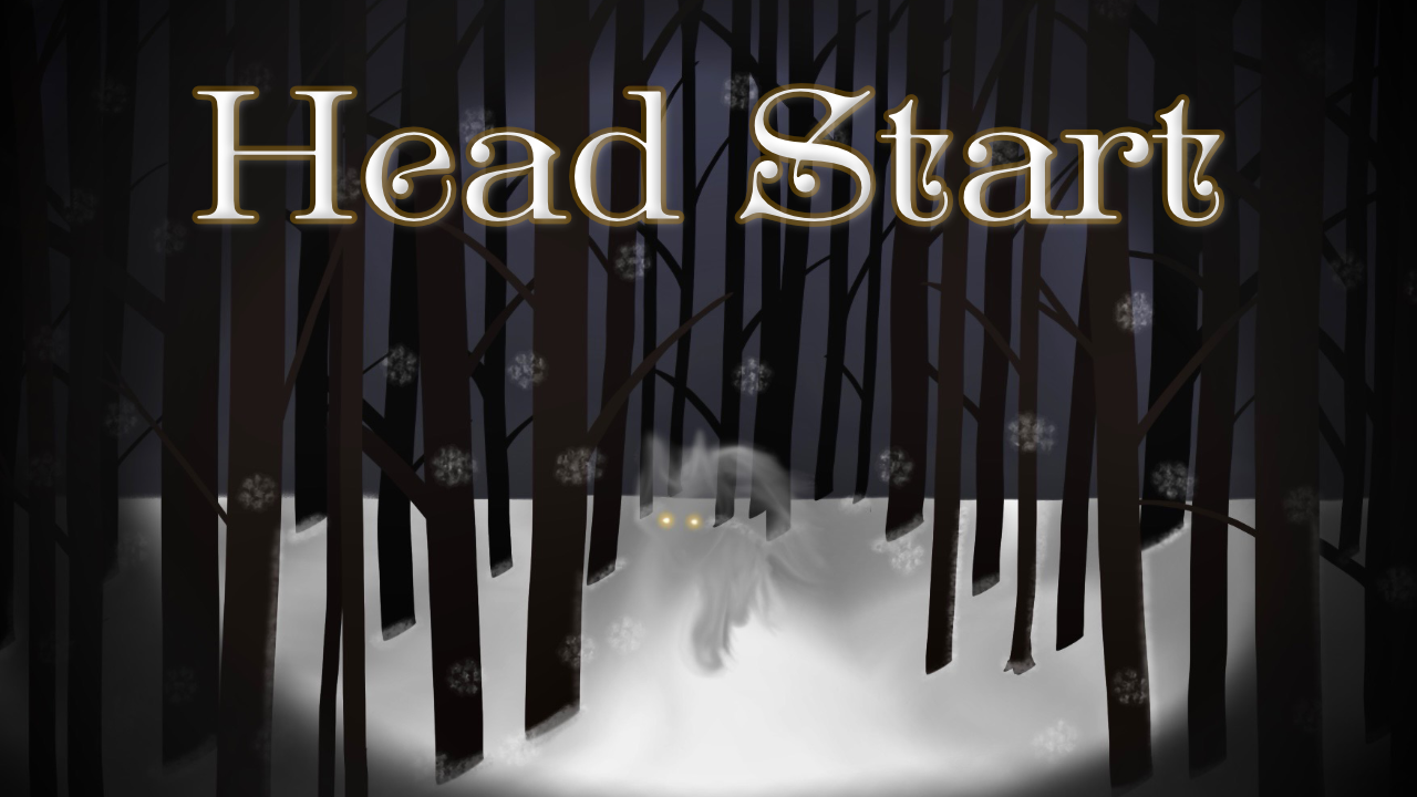 Cover for the second session of Anthe, "Head Start". A wolf made of shadows gently stalks you through a winter forest, their glowing yellow eyes piercing through the falling snow. Drawn by Evelyn.
