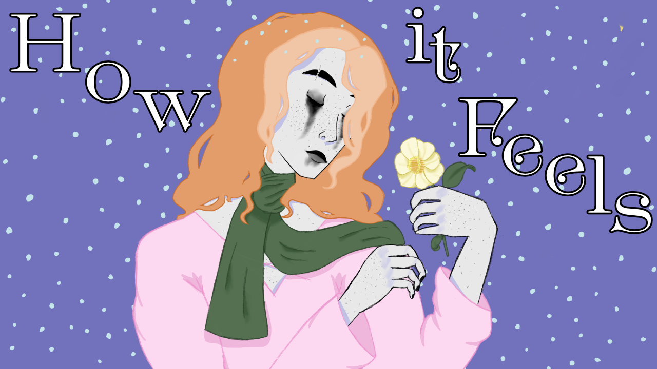 Cover for the third session of Anthe, "How It Feels". Aster holds a yellow flower against a purple background with snow fall. His eyes are closed, black streaming under his eyes. His green scarf is nicely tied around his neck, his orange hair gently draping over his shoulders. Drawn by Julia.