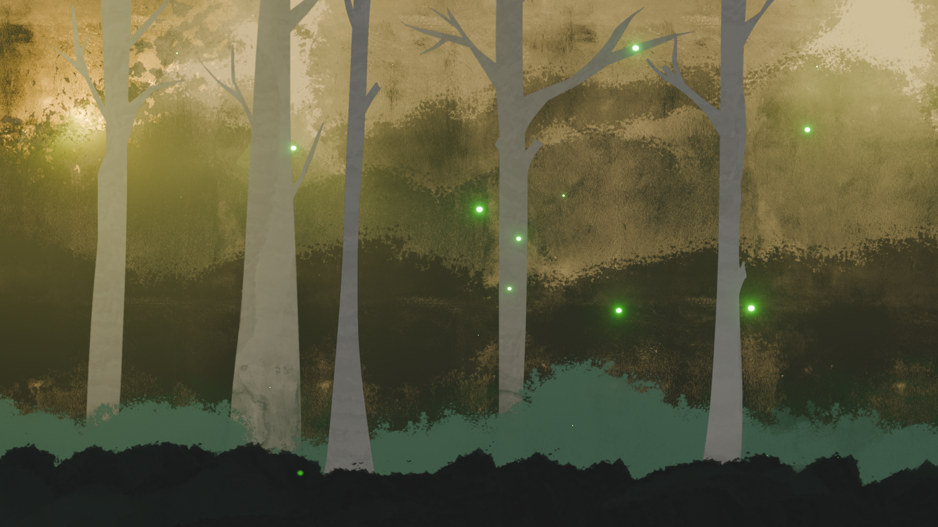 A frame from the animation "The Storyteller". A summer forest glowing with the sun peaking through the leaves in the top left, green fireflies are dispersed among the branches.